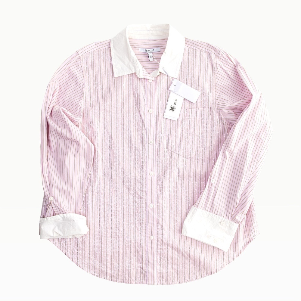 NWT Derek Lam 10 Crosby Wesley Sequined Striped Cotton Shirt Pink $395 - Size M - Picture 8 of 12